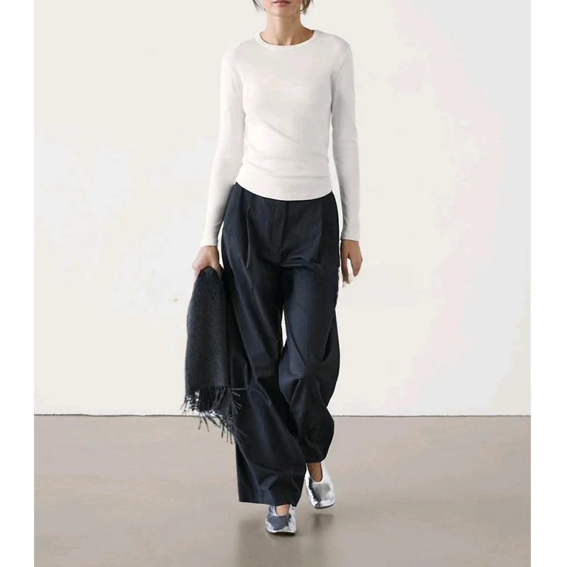 봄 신작 여성 기본 핏 퓨어 코튼 긴 소매 라운드 넥 티셔츠 이너웨어 캐주얼 편안한 피부 친화적 인 탑