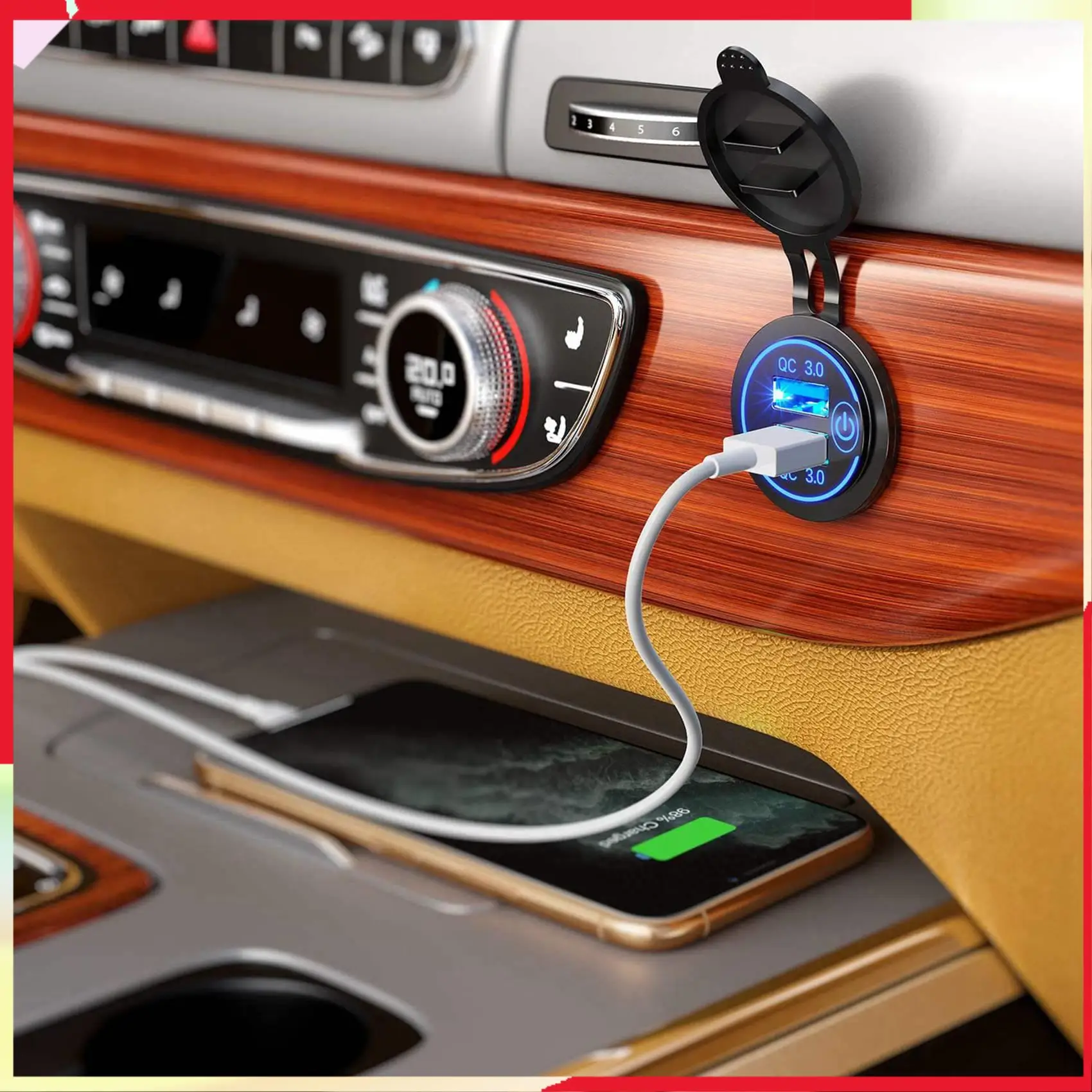 

B18B 10X Quick Charge 3.0 Dual USB Car Charger 12V 36W USB Fast Charger With Switch For Boat Motorcycle Truck Golf Cart Blue