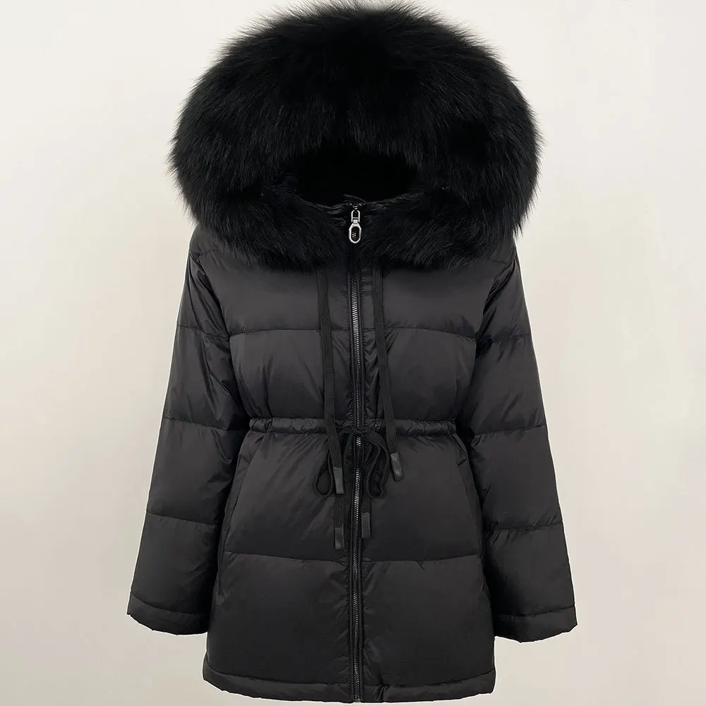 Neue Echt Waschbären Pelz Frauen Winter Puffer Jacke Verdicken Flauschigen Warme Parka Frauen Taille Versenkbare Ente Unten Wasserdichte Mantel