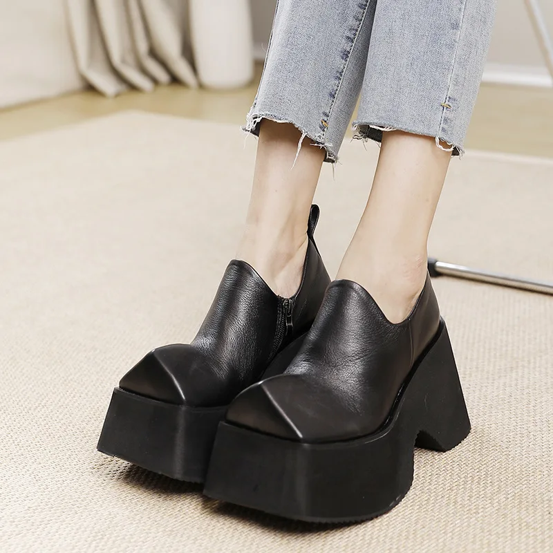 

Birkuir 9.5cm Super High Heel Shoes Thick Heels For Women Luxury Elegant Genuine Leather Square Toe Loafers Flat Platform Shoes