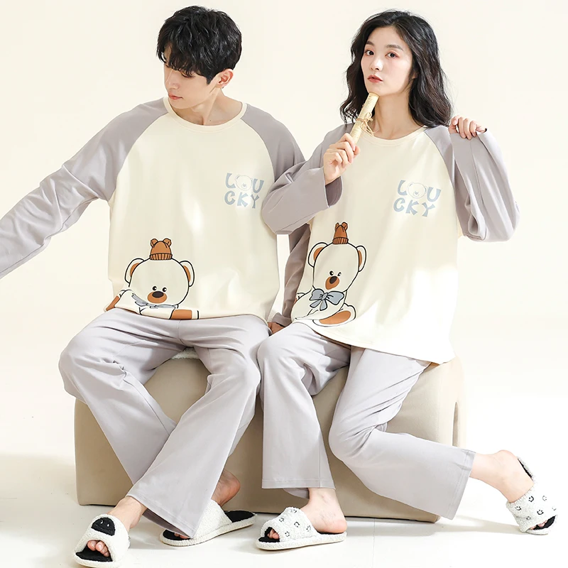 Korean Cotton Homewear Women and Men Matching Pajamas Set for Spring Couple\'s Cartoon Cute Sleepwear pijama pareja masculino