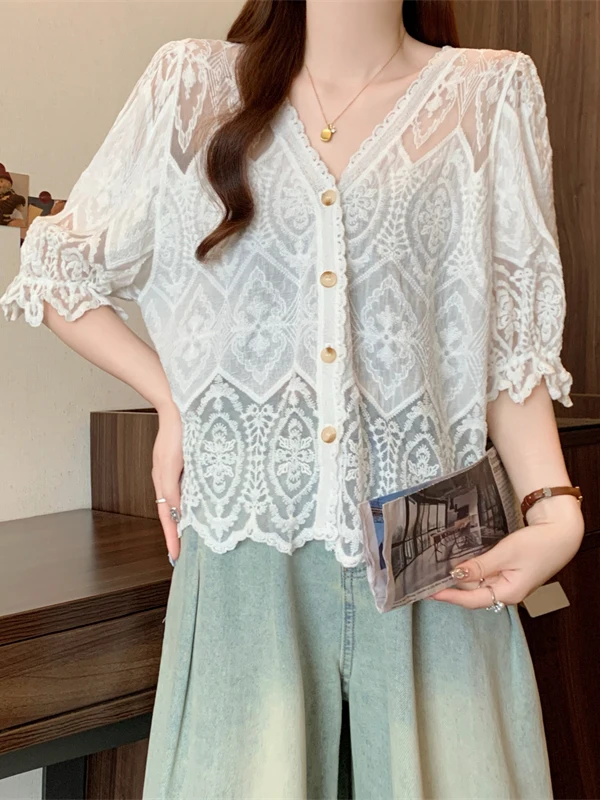 n الدانتيل والتطريز V-Ne الشيفون irt المرأة حجم كبير بلوزة الصيف الجميلة الكورية Sle فضفاضة تناسب ort Sve