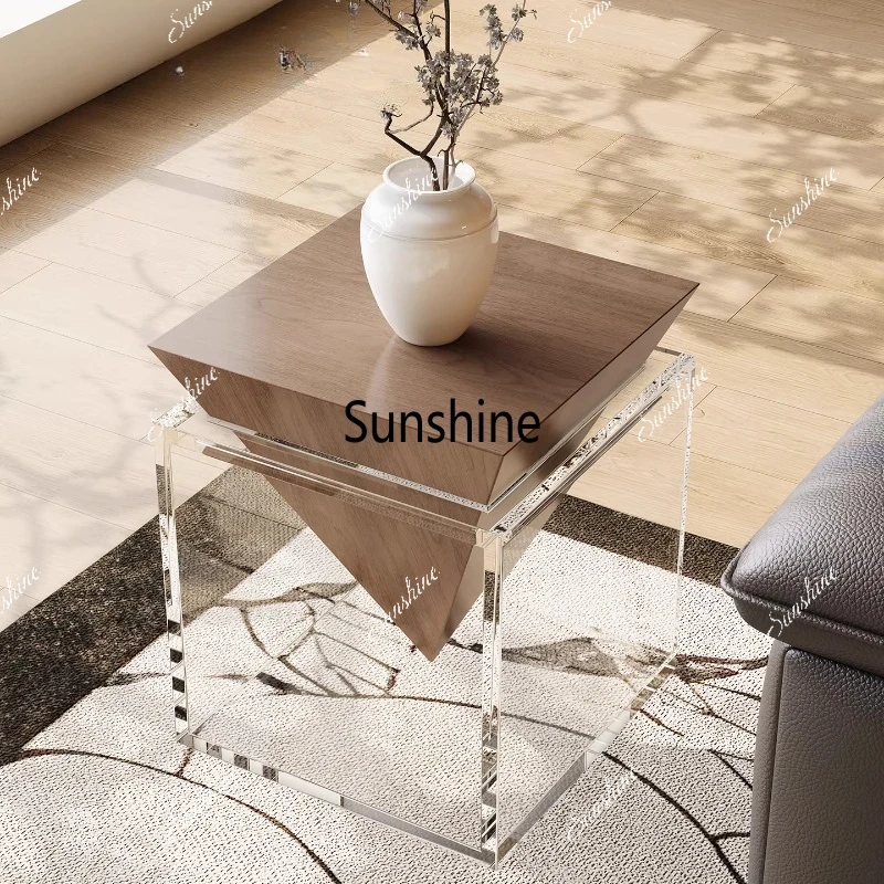 

Modern simple coffee table next to the sofa small apartment living room corner shelf