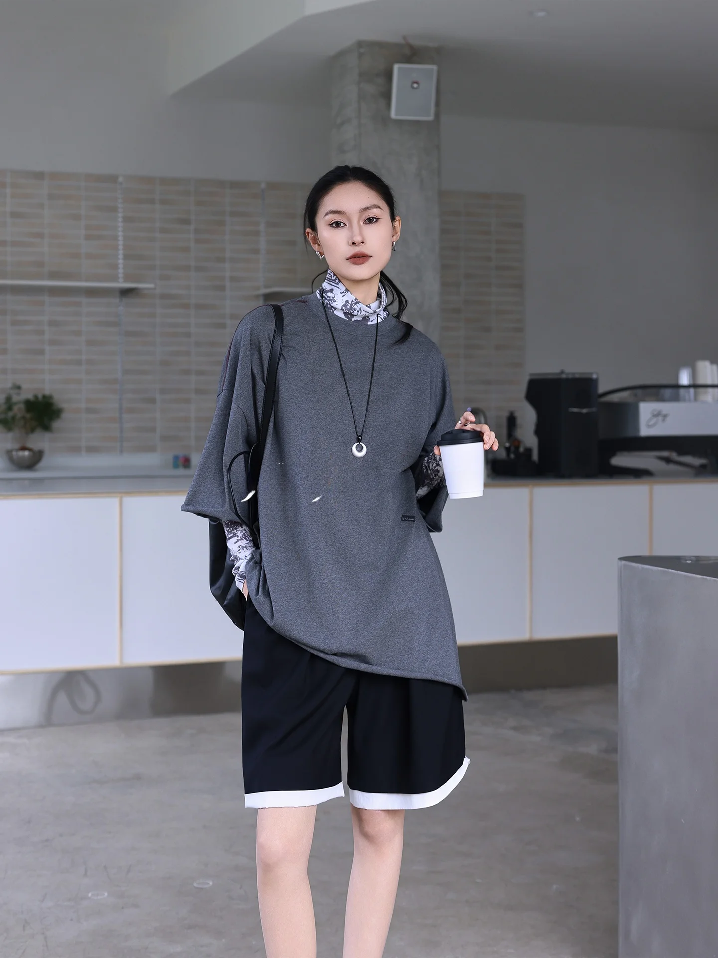 

JIEJI Zhang ey Cotton round Ne T-irt Casual Loose Fit Splice Turn-up Spring Summer Women's Top Comfortable Breathable