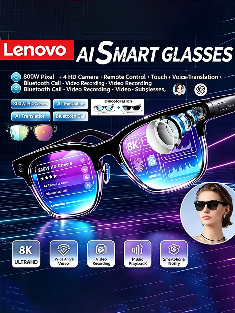 Lenovo – inteligentne okulary dla kobiet i mężczyzn, wyposażone w sztuczną inteligencję, 2400MP, funkcja wideorozmów bez użycia rąk, funkcja czatu z wykorzystaniem sztucznej inteligencji, tłumaczenie, nagrywanie rozmów, odtwarzanie muzyki,  — zdjęcie produktu 7