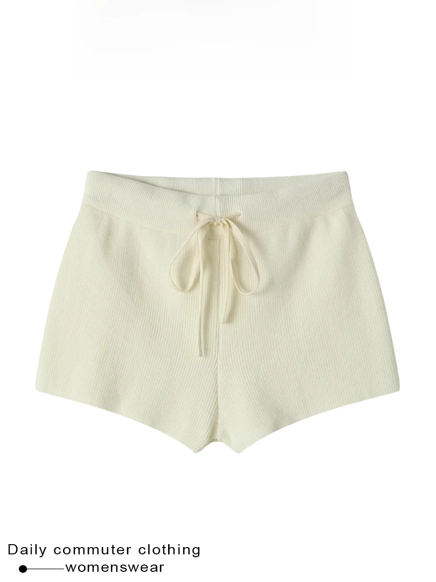 Coshehkg Casual Knitted Rope Waist Shorts Women's Early Spring New Style Slimming Hip Wide Leg Base Pants High Waist Straight...