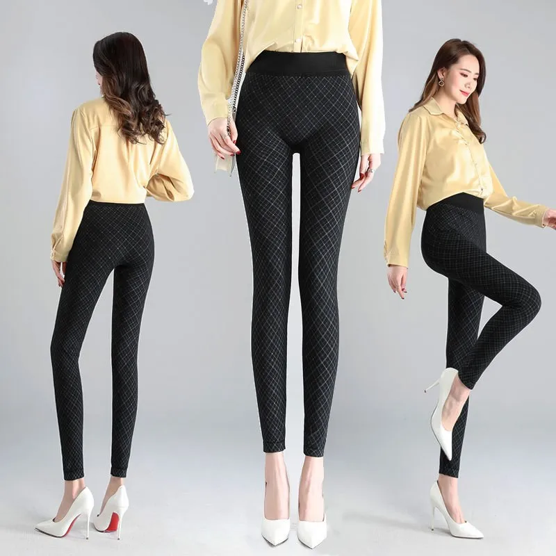 

Женские полосатые клетчатые леггинсы с высокой талией, облегающие тонкие брюки большого размера, длинные брюки, другой материал, осенняя коллекция 00%