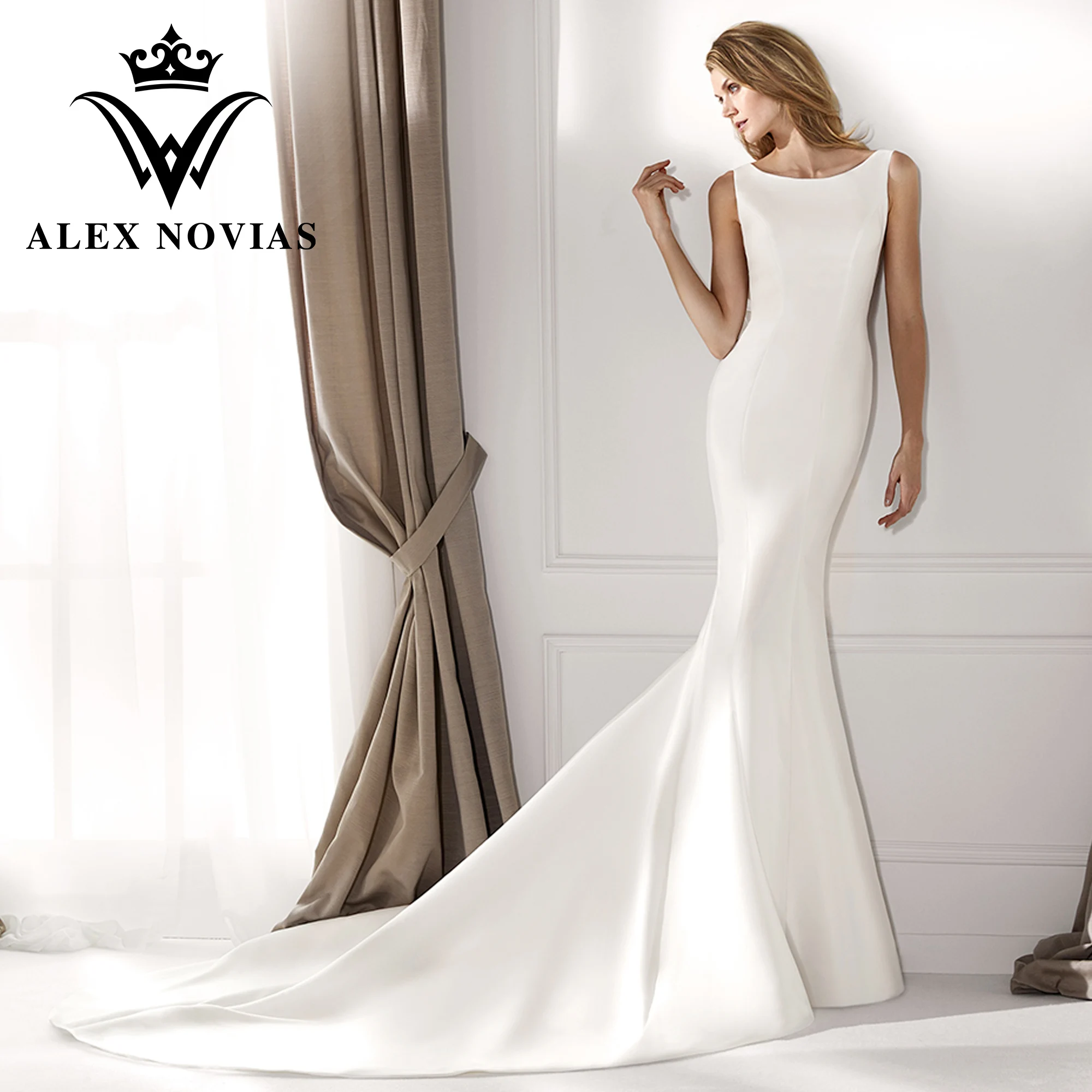 

ALEX NOVIAS Mermaid Satin Wedding Dress Vintage Bow 2023 Elegant SCOOP Backless Sleeveles Wedding Gown Vestidos Novias De Saten