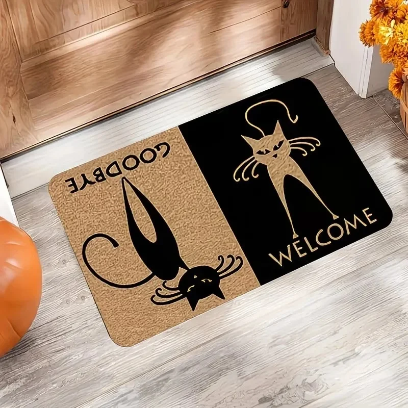VIKAMA Black Beige Splicing Cute Cat Pattern Non-slip Rug Wear-resistant Indoor Porch Welcome Decorative Floor Mat