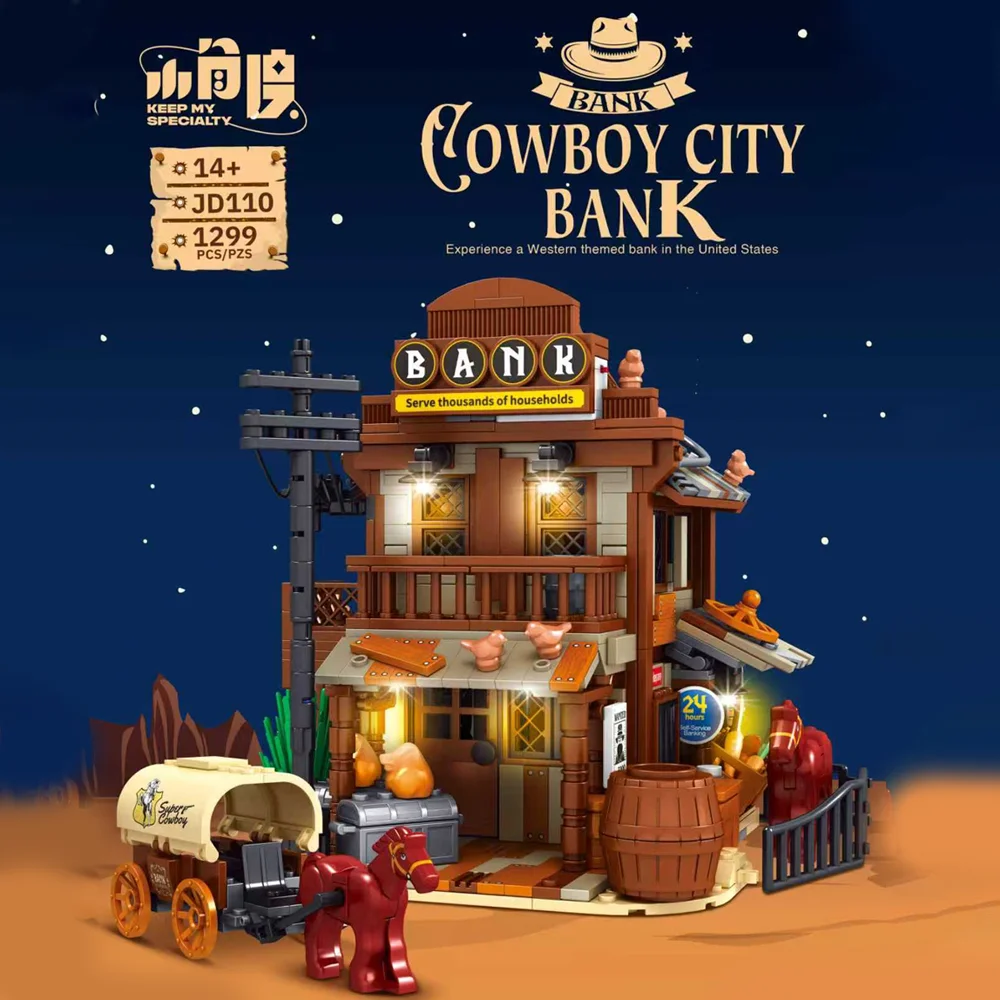 

MOC American Western Cowboy City Bank Stagecoach Street View Building Blocks West Town Carriage Assembly Bricks Toys Kids Gifts