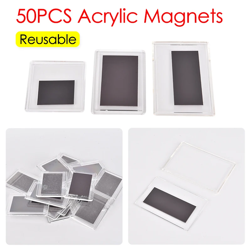 

50Set Reusable Acrylic Fridge Magnets Button Parts Rectangle Transparent DIY Fridge Magnets Badge Materials Manual Pressing Pins