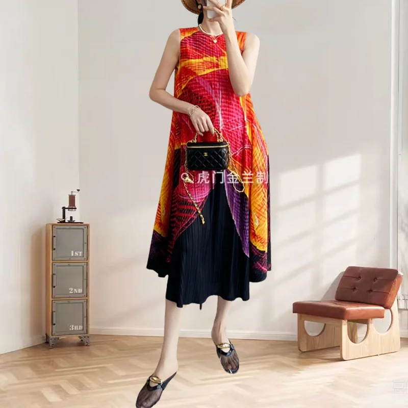 

Miyake Resort Style Pleated Printed Dress Large Size Loose Thin Fold Long Sleeveless Hem Pleat Dress 2025 Spring Summer Women