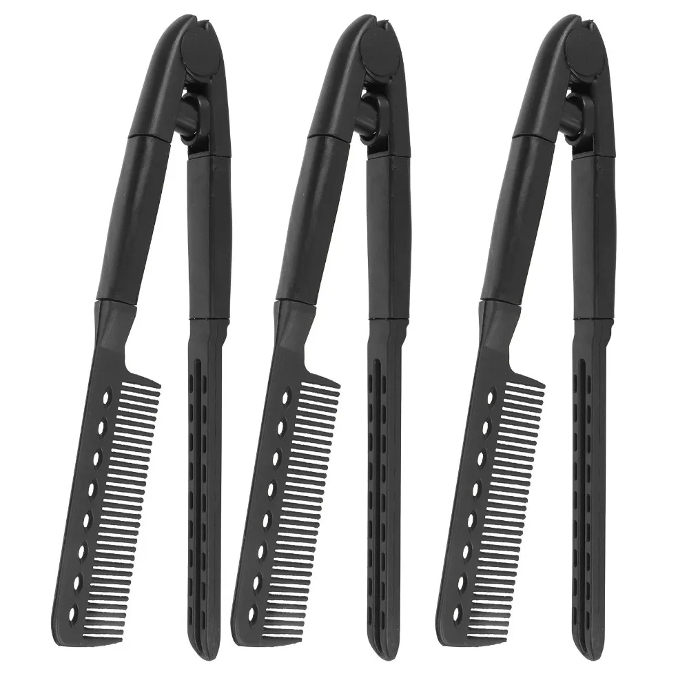 

3pcs V Shaped Hair Straightening Comb Heat Avoid Portable Styling Comb Professional Black Portable Hair Comb Salon Use