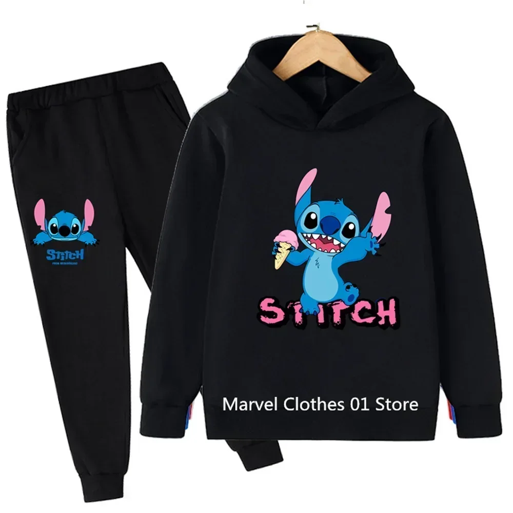 New Girls Stitch Hoodie Set Kids Boys Long Sleeves Outfits 3-14 Years Children's Sets Baby Casual Tracksuit Hoodie + Pants Sets