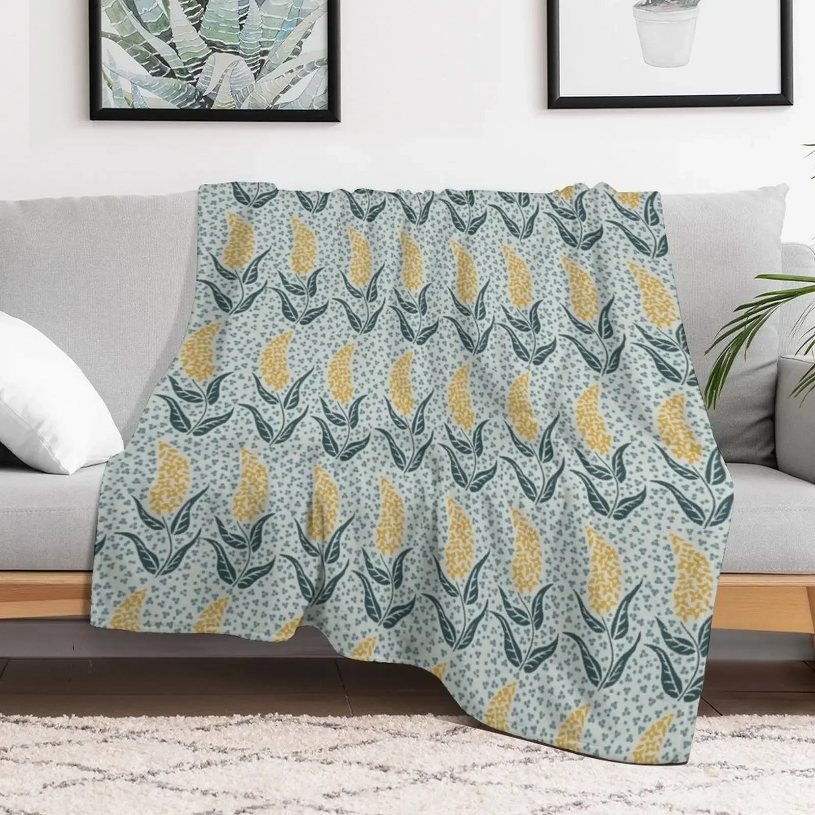 Flower Spike in Gold with Blue, Blue & Gray Throw Blanket funny gift Vintage Large Personalized Gift Blankets