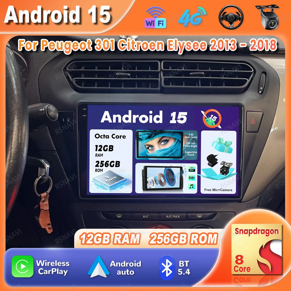 

Автомобильный радиоприемник Android 15 для Peugeot 301 Citroen Elysee 2013-2018, мультимедийный беспроводной Carplay, автонавигация, GPS 5G, WIFI Qualcomm