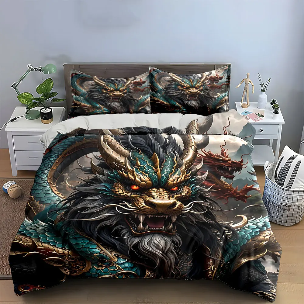 3Pcs Mythical Dragon Bedding Set, Fierce Teal and Gold Chinese Dragon Print Duvet Cover, Dramatic Bedroom Decor