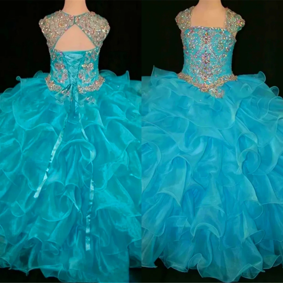 Luxury Blue Flower Girl Dress Wedding Sleeveless Tulle Layered Little Baby Princess Ball Evening Dresses Kids Birthday Present