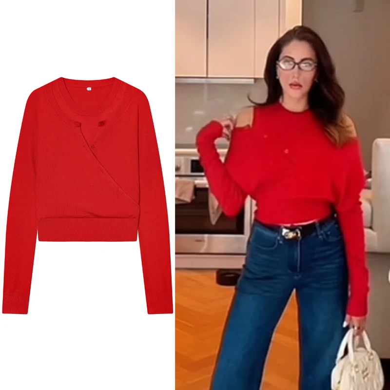 

Women's Sweater Long Sleeve Top Pullovers Women Tops Korean Style Autumn Knit Sweater Women Off Shoulder Sweater O-Neck Knitwear