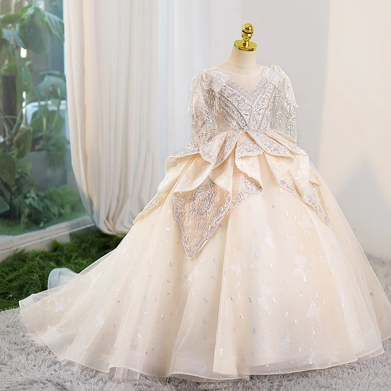 

Saudi Arabic Real Picture Champagne Flower Girl Dresses For Wedding Heavy Crystal Puffy Young Girls Pageant Prom Party Gown