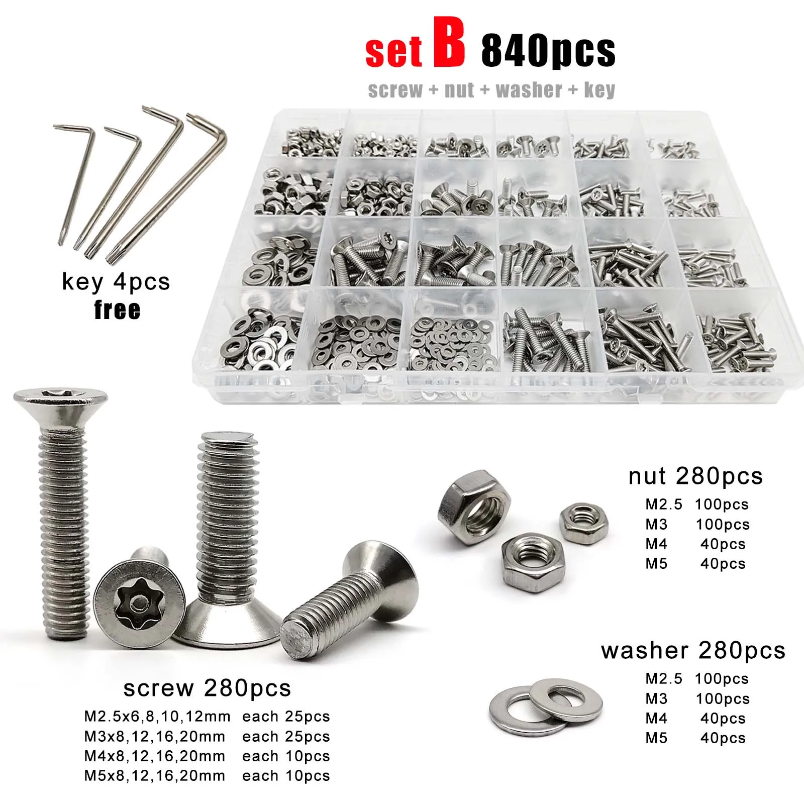 

270/840X Torx Flat Countersunk Head With Pin Anti-theft Security Screw Bolt Key Set Kit M2.5M3M4M5 Mix Size 304 A2 Stainless Ste