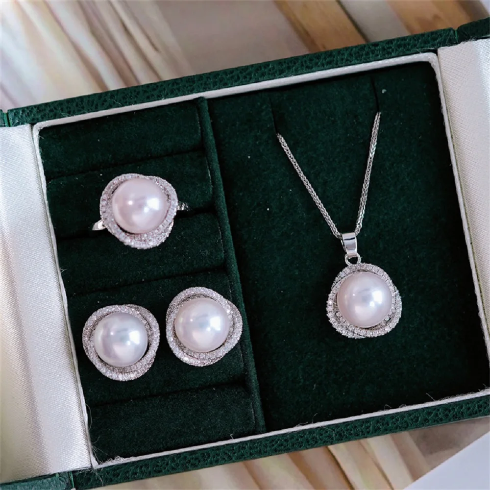 New  AAA+ 9-10mm akoya white pearl Earrings Set Pure Silver Authentic Earrings Pendant Ring  gift box