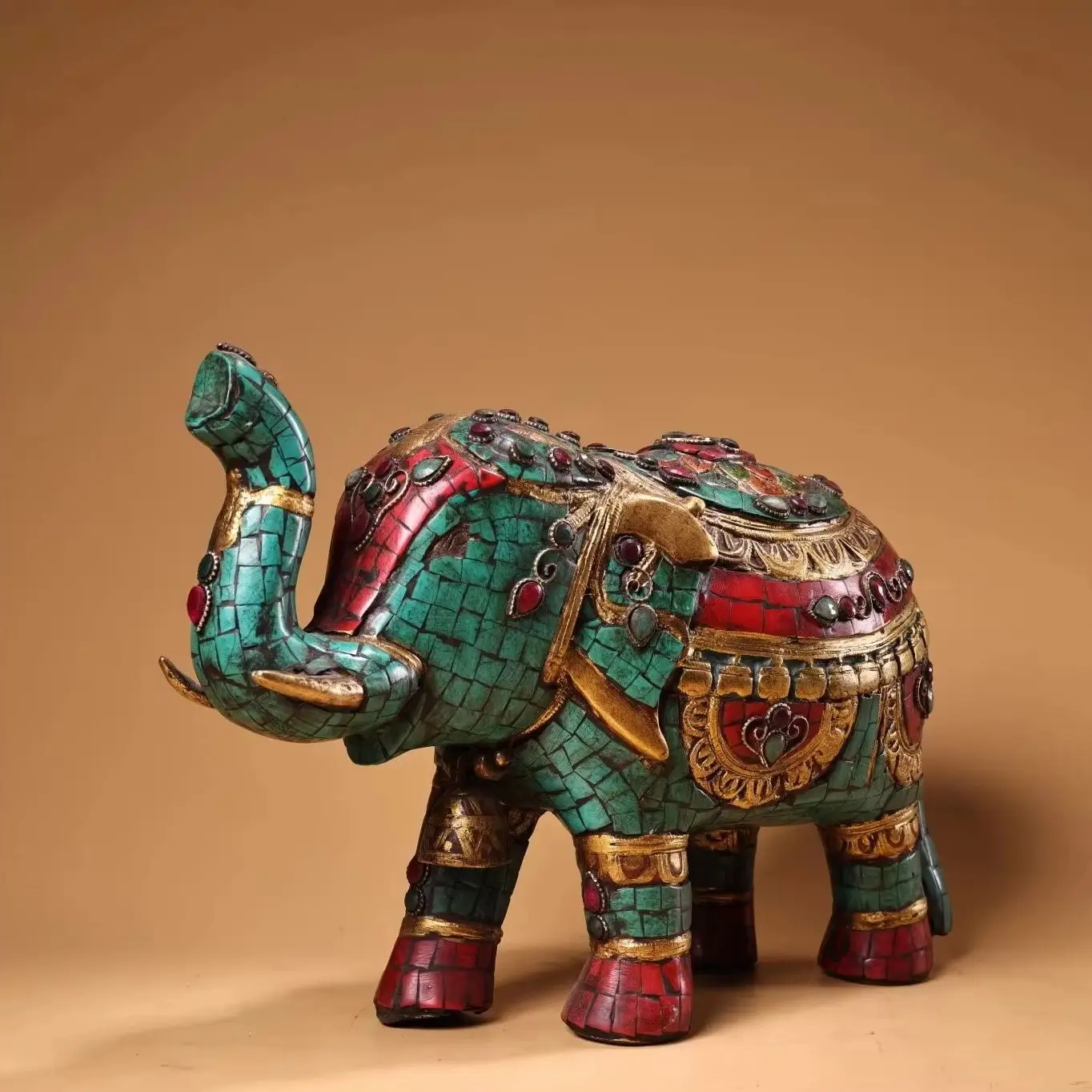Temple Collection Old Bronze Painted Outline in gold Mosaic Gem Turquoise  Elephant Peaceful Elephant Worship Hall