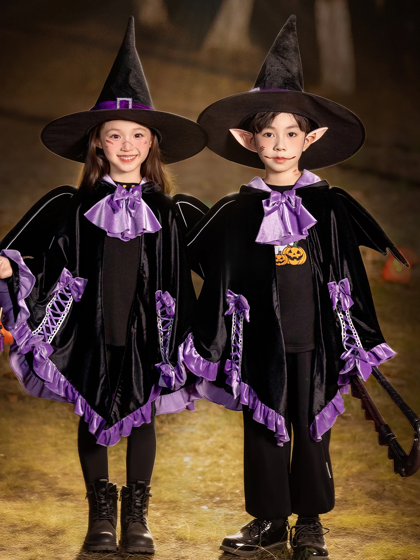 

loween Children's Costume Set Wizard Witch Robe for Boys And Girls Kindergarten Performance Bat Sve Long Pants