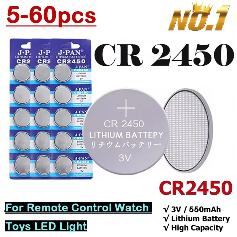 5-60pcs CR2450 Battery 3V Lithium Button Cell 550mAh CR2450 5029LC LM2450 DL2450 CR2450N BR2450 Cell Coin Battery for Watch Toys