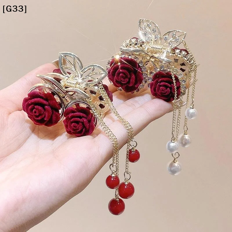 

1Pc Vintage Red Flocked Rose Tassel Hair Clip Elegant Ponytail Crab Clip For Women Girls Delicate Hair Accessories[G33]