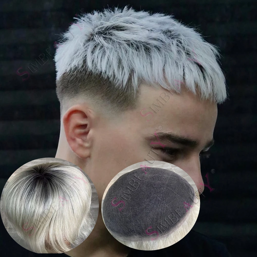 

Men's Full French Lace Wig 100% Human Hair 1BT60R Ombre Platinum Blonde White Grey Super Durable Natural Hairline Toupee SystemS
