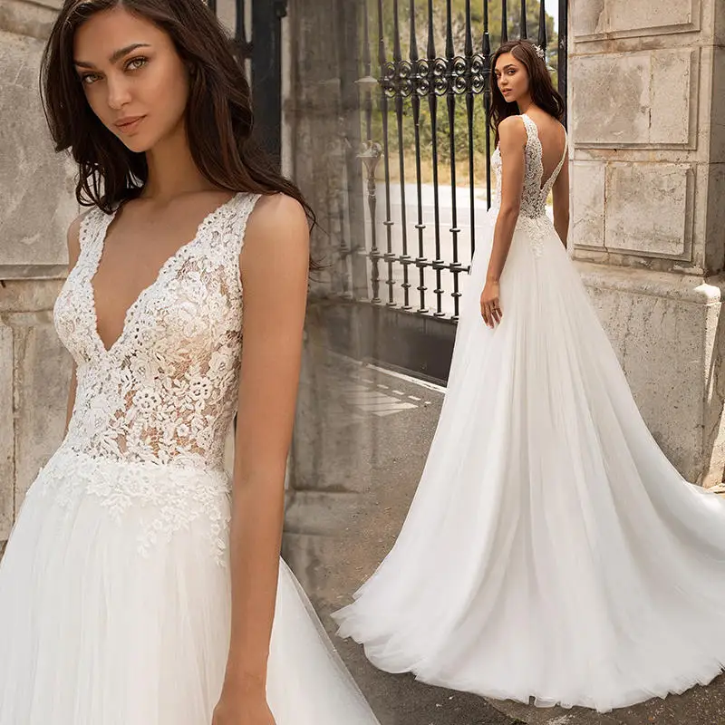 Maßgeschneiderte Brautkleider aus Spitze mit V-Ausschnitt 2022, A-Linie, Tüllrock, rückenfreies Brautkleid, Boho, ärmelloses Brautkleid mit Applikationen
