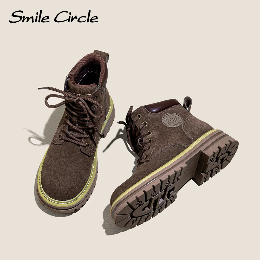 Smile Circle Botas de mujer de piel de ante Botines básicos y versátiles Botas casuales con cordones