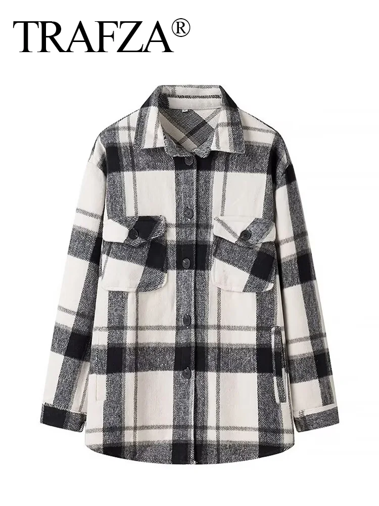 TRAFZA Women Fashion Blouse Plaid Woolen Turn-Down Collar Coat Autumn Woman Long Sleeves Single Breasted Pockets Casual Shirts