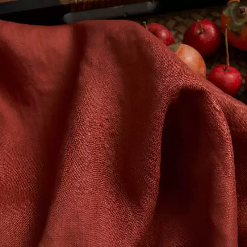 100% Linen Persimmon Red Fabric High Density Fermented Dyed Stone Frosted Wash Quality Suitable for Handmade And DIY Projects