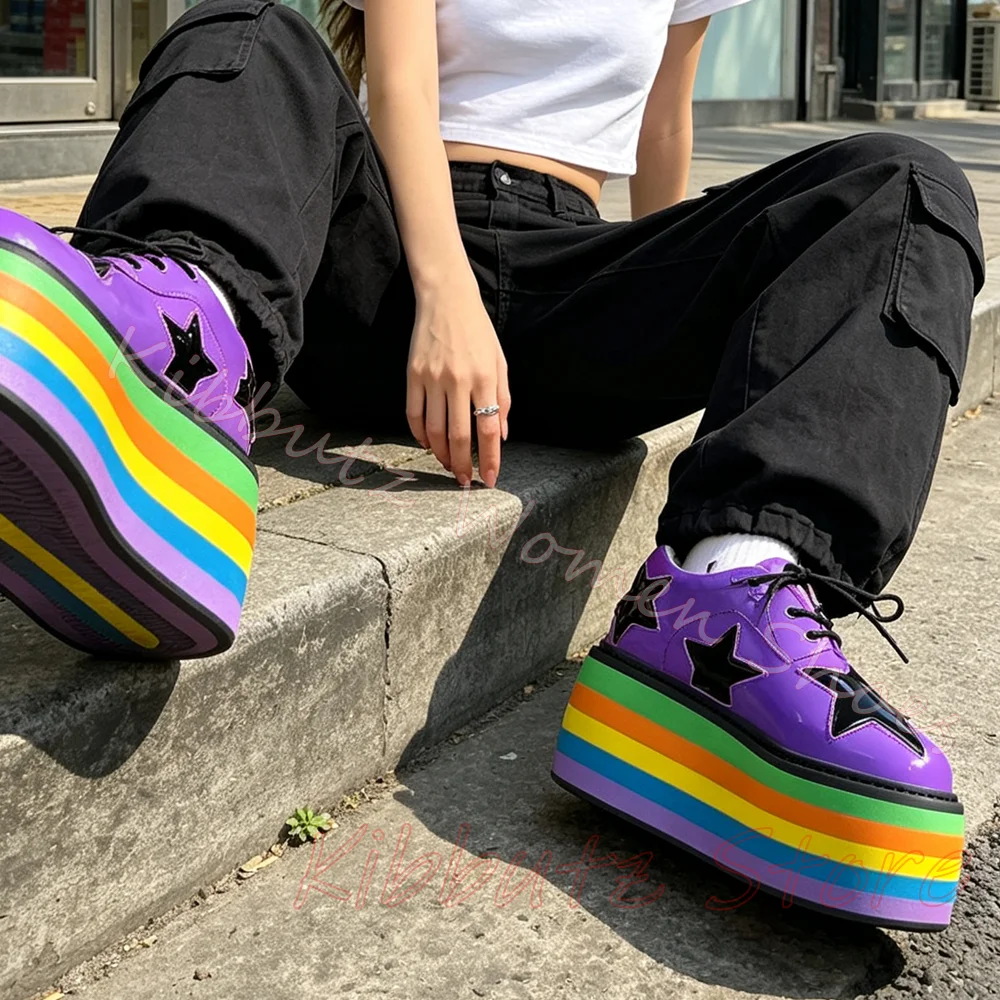 Star Patchwork Platform Sneakers Colorblock Thick Sole Women Buckle Gothic Punk Style Breathable Summer Sandal Shoes Round Toe