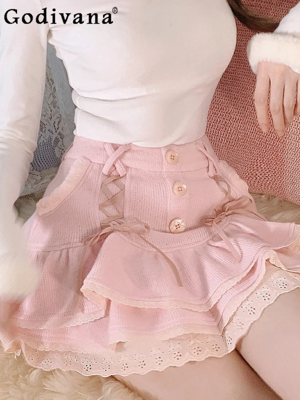 Girl Sweet Cute Skirts 2024 Autumn New Fashion Lace Lace-up High Waist Slim Fit  Knitted Cake Mini Skirt Women Korean Skirts