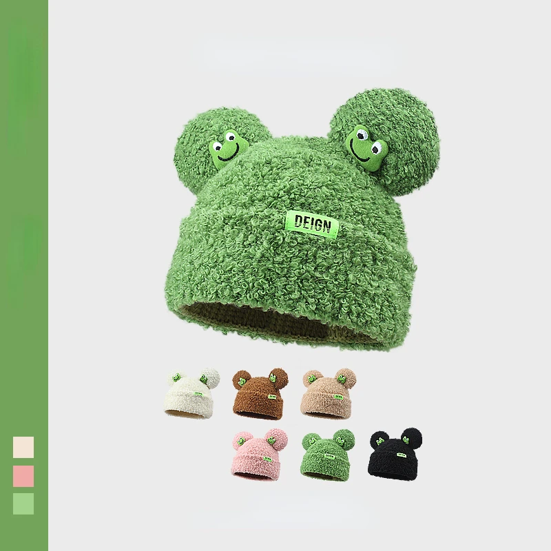 Japanese Plush Cute Frog Women\'s Hats Lamb Velvet Pullover Caps Winter Warm Cartoon Wild Ear Protection Beanies Hat for 2022