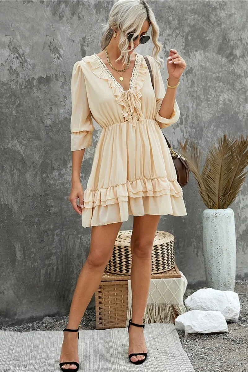 2024 New Women's Ruffles Lantern Sleeve Dresses Spring Autumn Long Sleeve Dress with Bandage Elegant Solid Colors Dress NASY0021