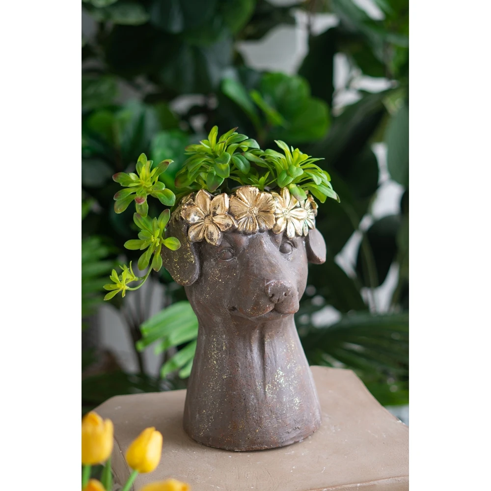 Magnesium Dog Statue Planter with Gold Leaf Crown