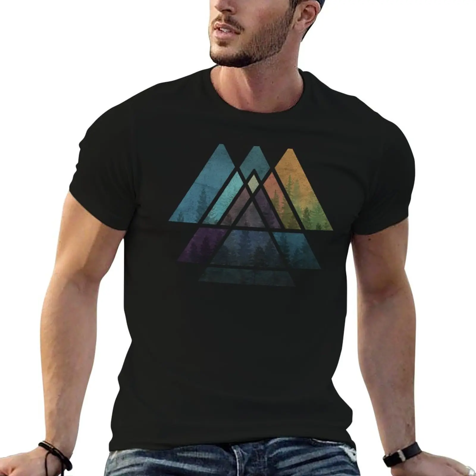 Sacred Geometric Triangles - Colorful Grunge Misty Forest T-Shirt Plus Size Quick Dry Sports Tee
