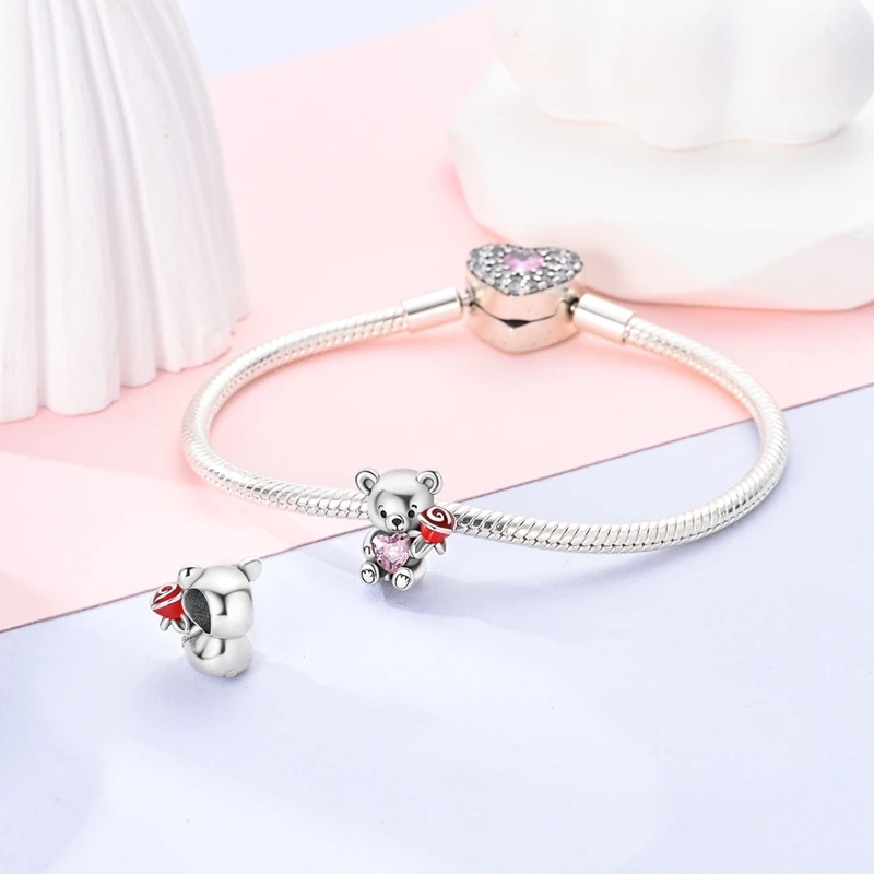 925 Animal Hug Heart Series Pure Silver Smart Bear Bracelet Original Women's Jewelry Gift