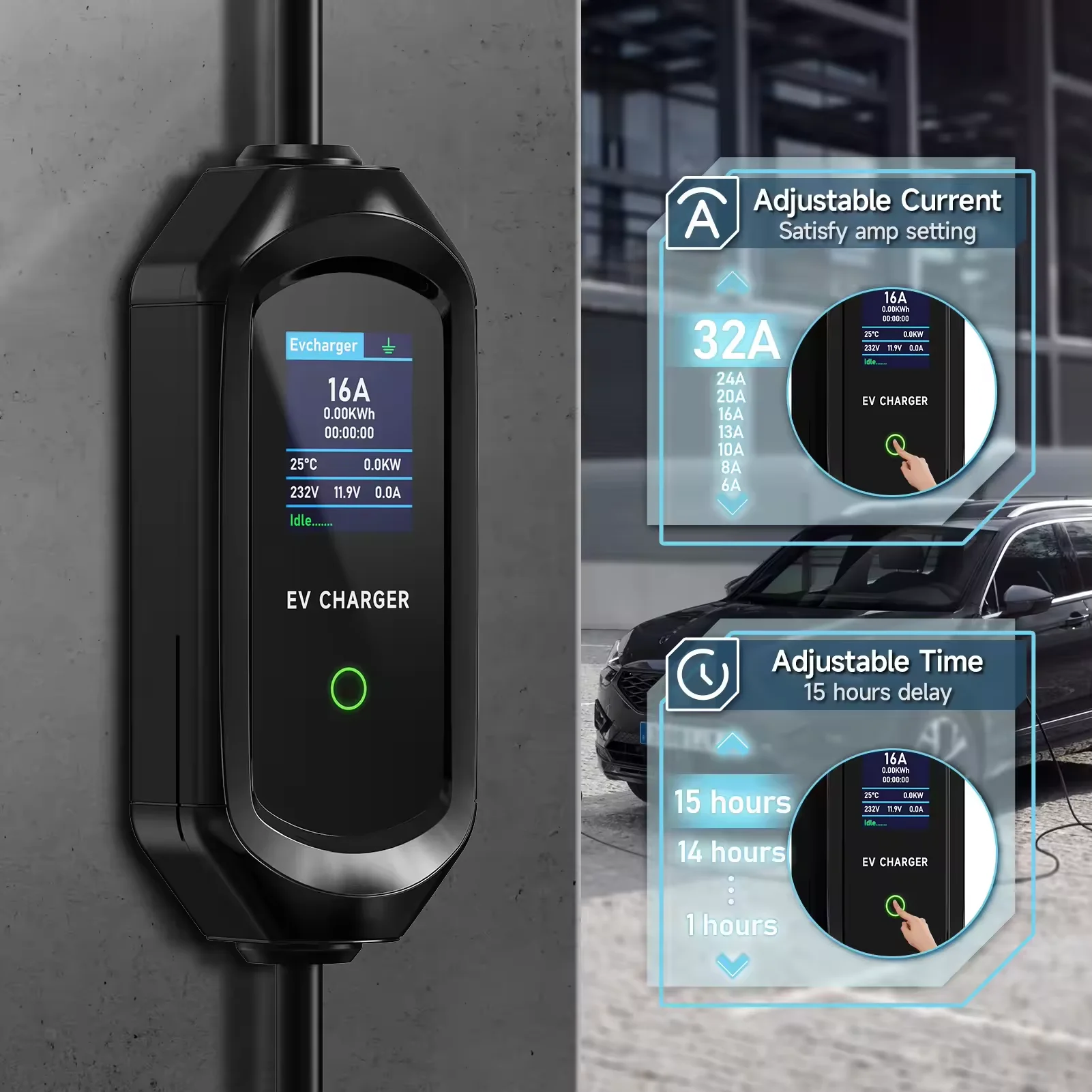 7.2KW , 32A portable electric vehicle charger, Type 2 fast charging, Wallbox EVSE with CEE plug, GBT WiFi, single-phase control