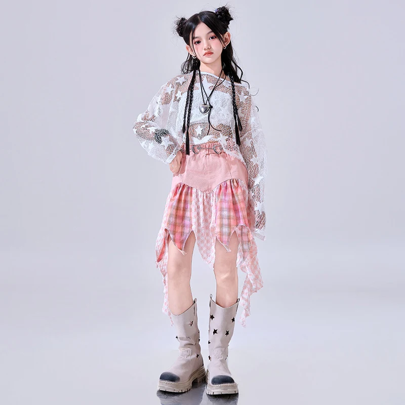 2023 sommer Mädchen Jazz Dance Kleidung Cheerleader Dance Show Kostüm Weiße Spitze Tops Rosa Unregelmäßigen Rock Kpop Straße Tragen BL 15775