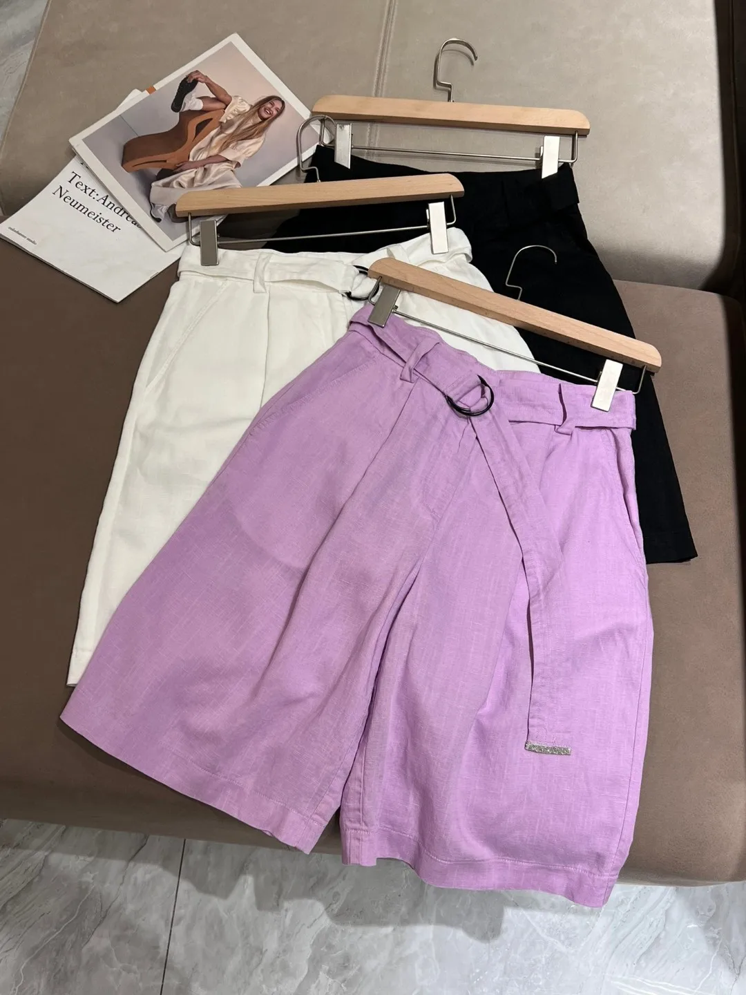 Tencel Linen Suit Shorts for Women, Pearl Chain, Lace Belt, All-Match Shorts, Exquisite Fashion, Casual, New