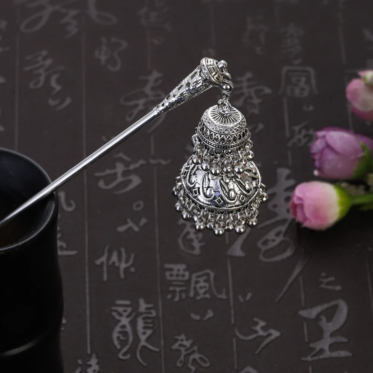 Bohemia Ethnic Vintage Gypsy Tibet Silver Color Tassel Carved Flower Chopstick Hair Sticks For Women Hairpins Jewelry Horquillas