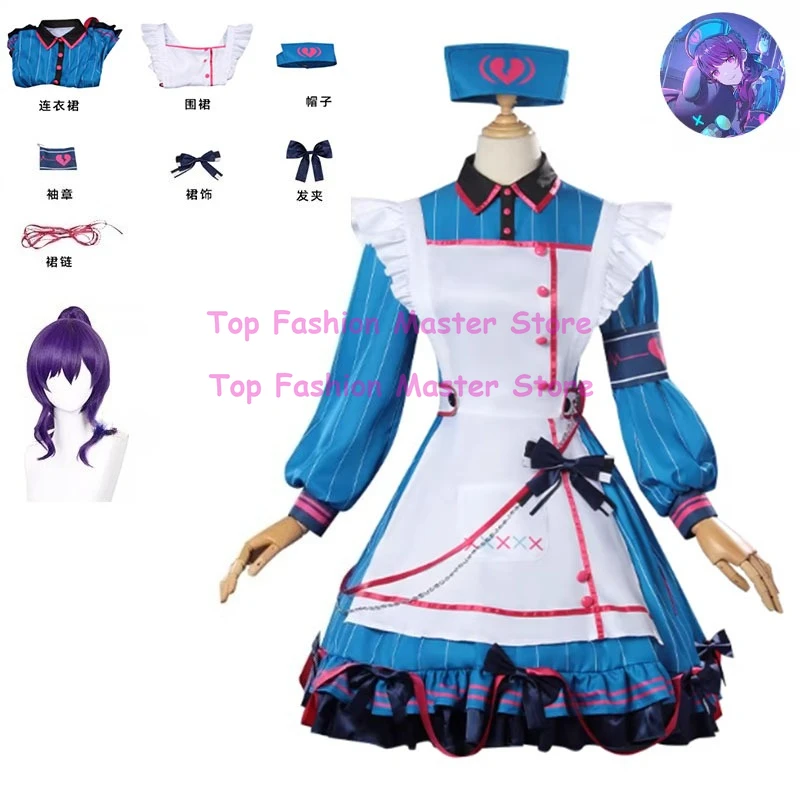 

Anime PJSK Asahina Mafuyu Cosplay Costume Project Sekai Costume Lovely Blue Maid Uniform Dress Suit Wig Women Play Clothing