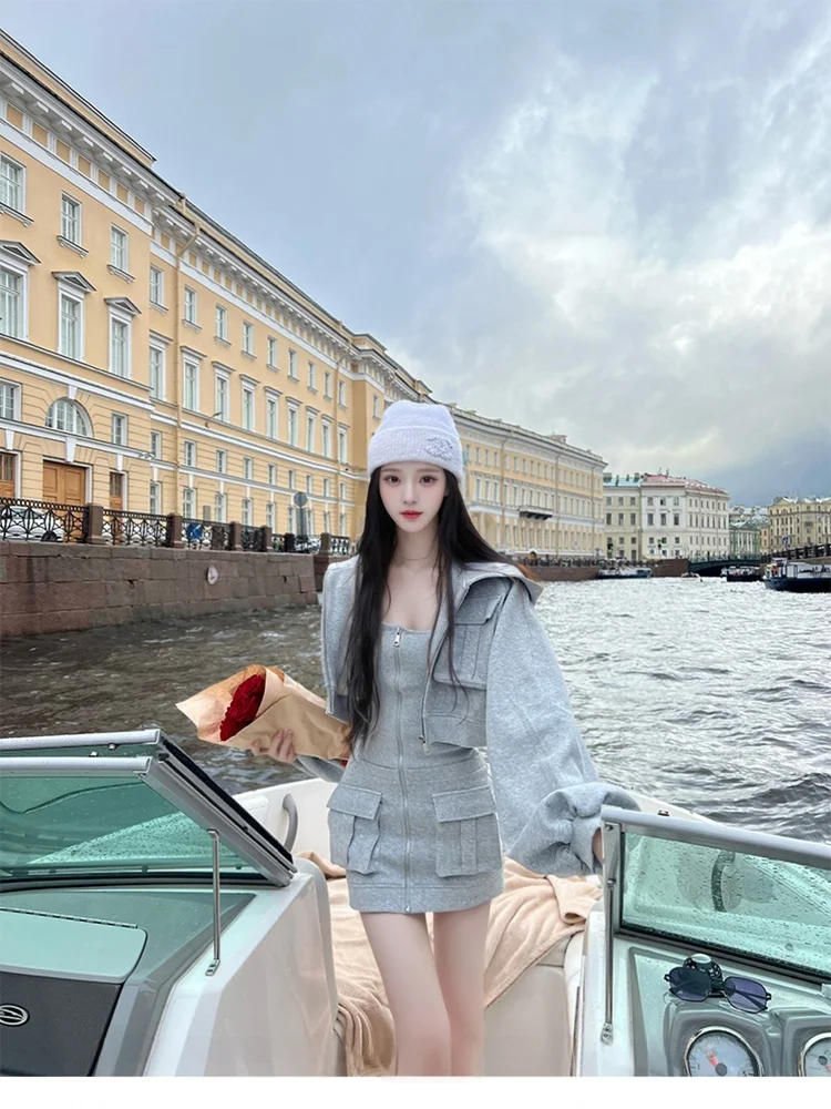 

Fashionable Hooded Sweatshirt Jacket Knitted Dress Two-Piece Set for Women Breathable Lightweight Autumn Wear Casual Style