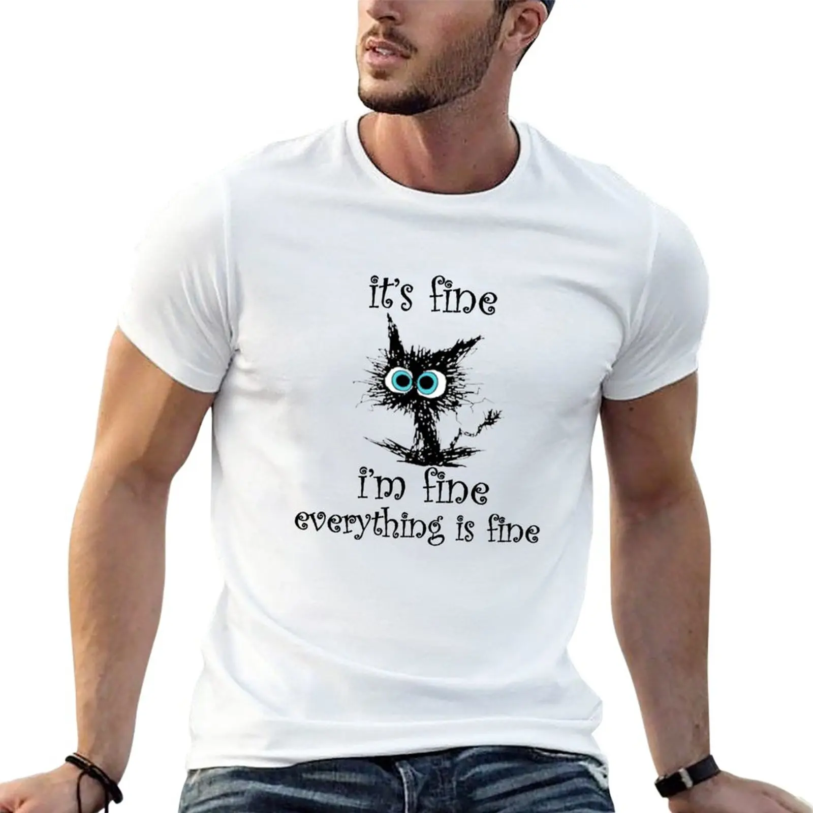 

New It's Fine I'm Fine Everything Is Fine Funny cat T-Shirt heavyweight t shirts Tee shirt mens t shirt