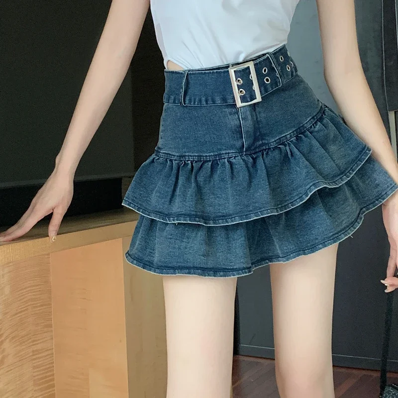 

2023 Summer Women High Waisted Ruffled High Waisted Blue Denim Skirt , Woman Vintage Designer Skirts